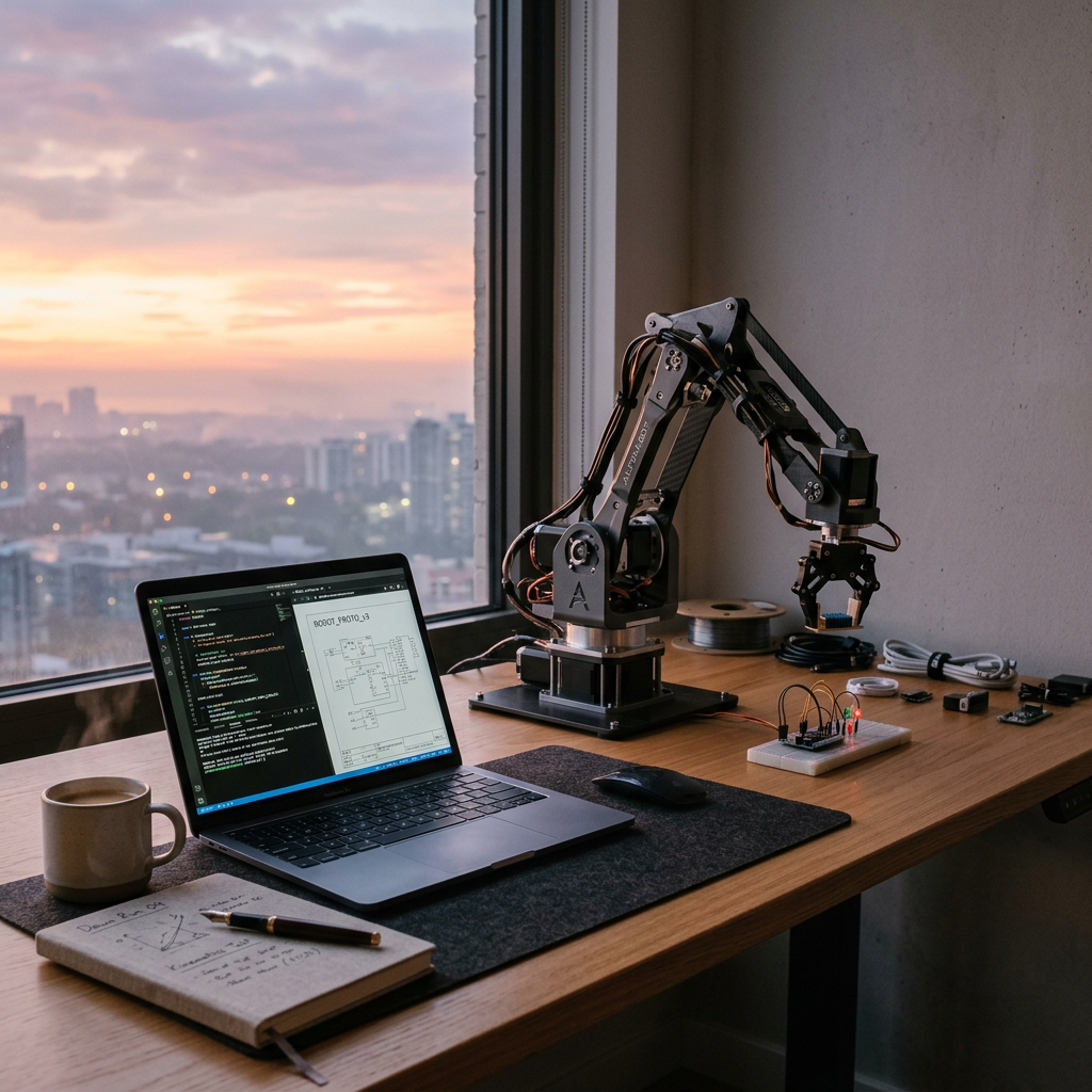 Workspace with laptop showing code and schematic, robotic arm, electronic components, notebook, and coffee cup